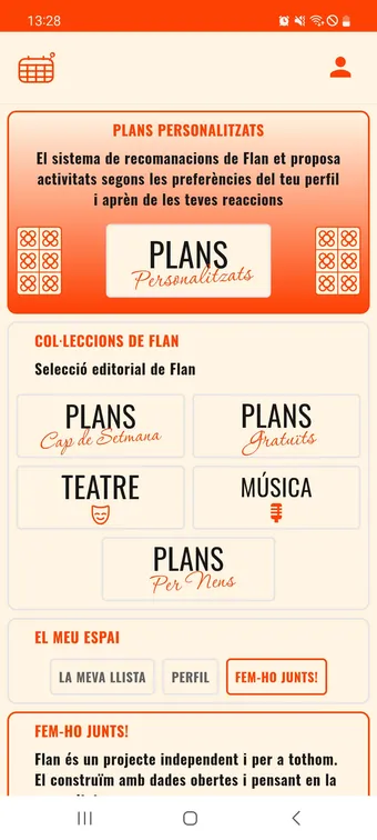 Pantalla d’inici de Flan App amb recomanacions de plans a Barcelona